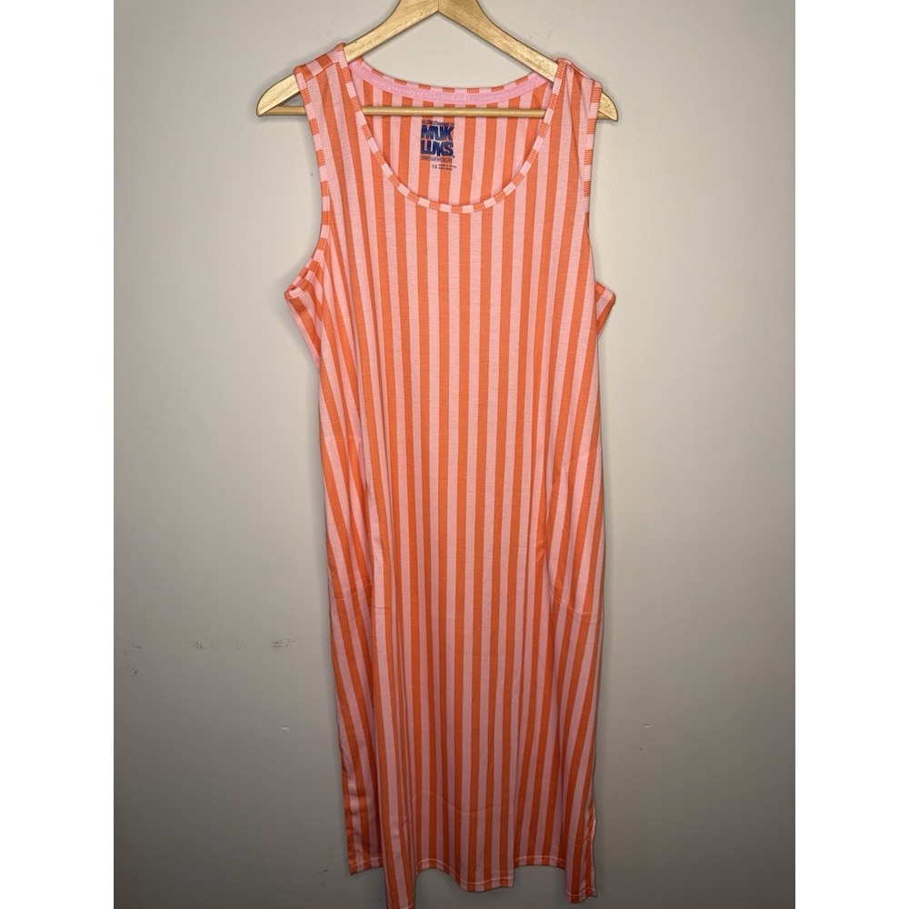MUK LUKS Stretch Faux Denim Topper & Rib Knit Lounge Dress Cream/Stripe,Size 1X - Picture 3 of 5